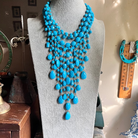 Joan Rivers Designer Signed Aqua Bead Waterfall Bib Necklace Collectible - Picture 1 of 6
